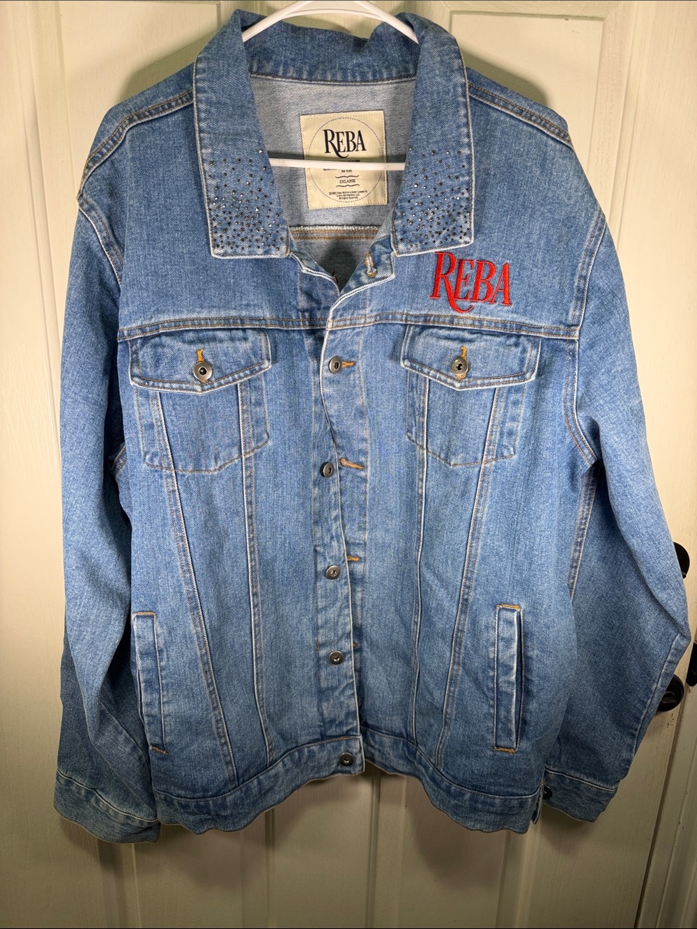 Reba McEntire Light Blue Denim Jacket with Embroidered Logos. Fancy